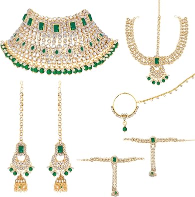 Aheli Choker Necklace Matha Patti Nose Ring Haath Phool Earrings