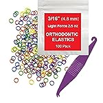 Orthodontic Rubber Bands for Braces - Premium Quality Elastic Teeth Rubber Bands for Braces, Fix Tooth Gaps, Dreadlocks, Includes Free Elastic Placer- Light Force 2.5 oz, 3/16 Inch, Neon (100 Pack)