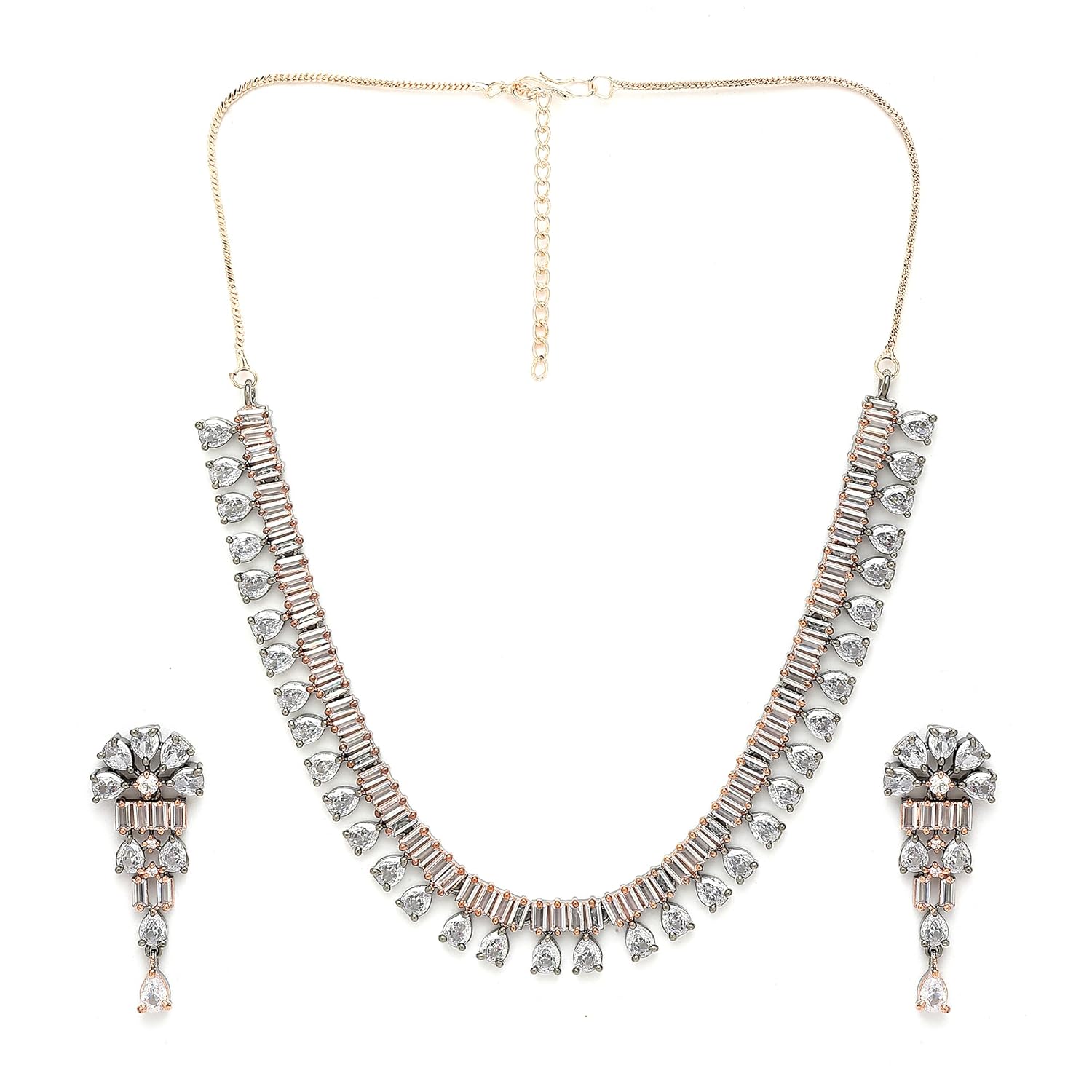 ZENEME Women Pear Shaped Rhodium-Plated with Toned American Diamond Studded Jewellery Set