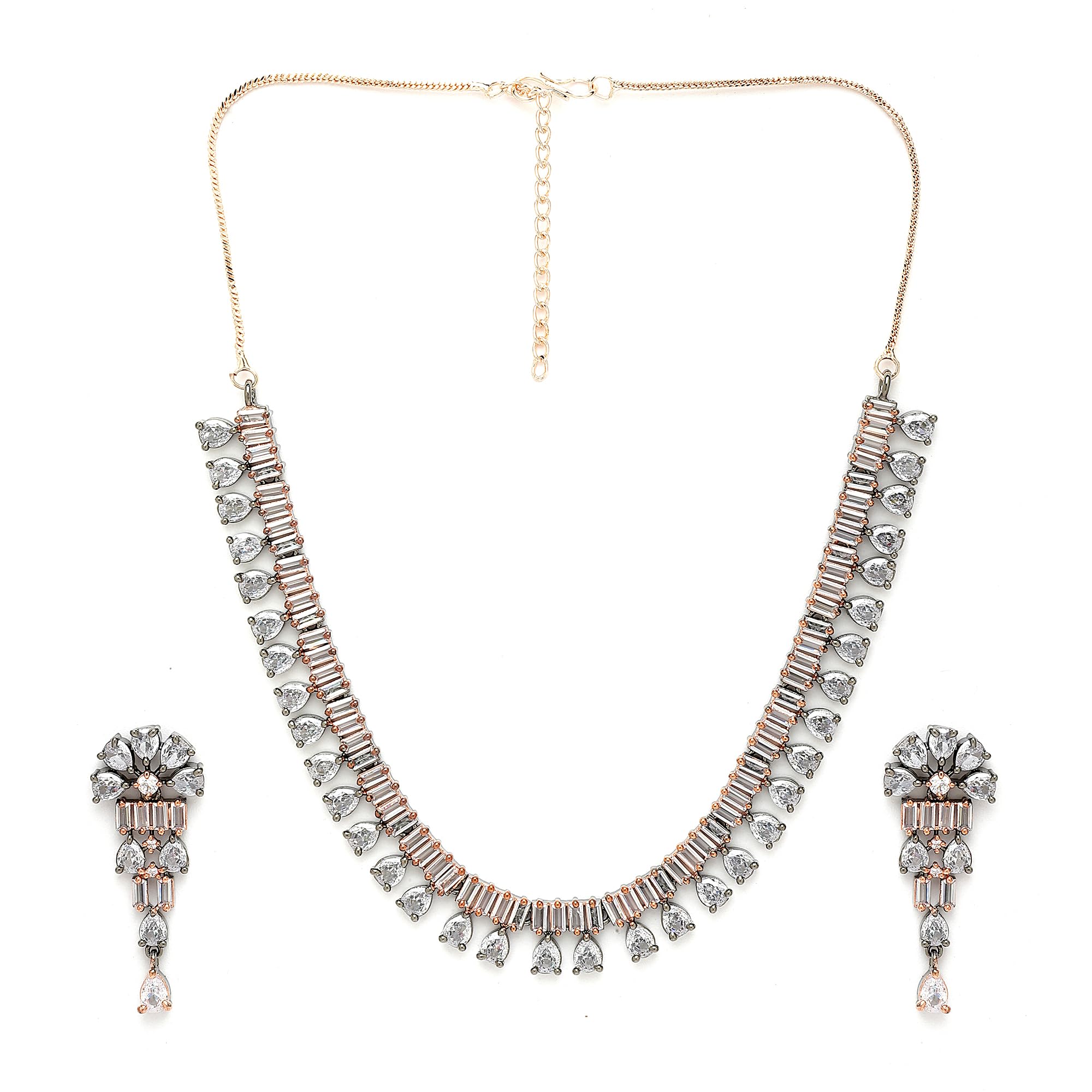 ZENEME Antique Black-Toned White American Diamond Baguette & Pear Drop Necklace Set with Earrings for Women & Girls | Elegant Designer Statement Jewellery