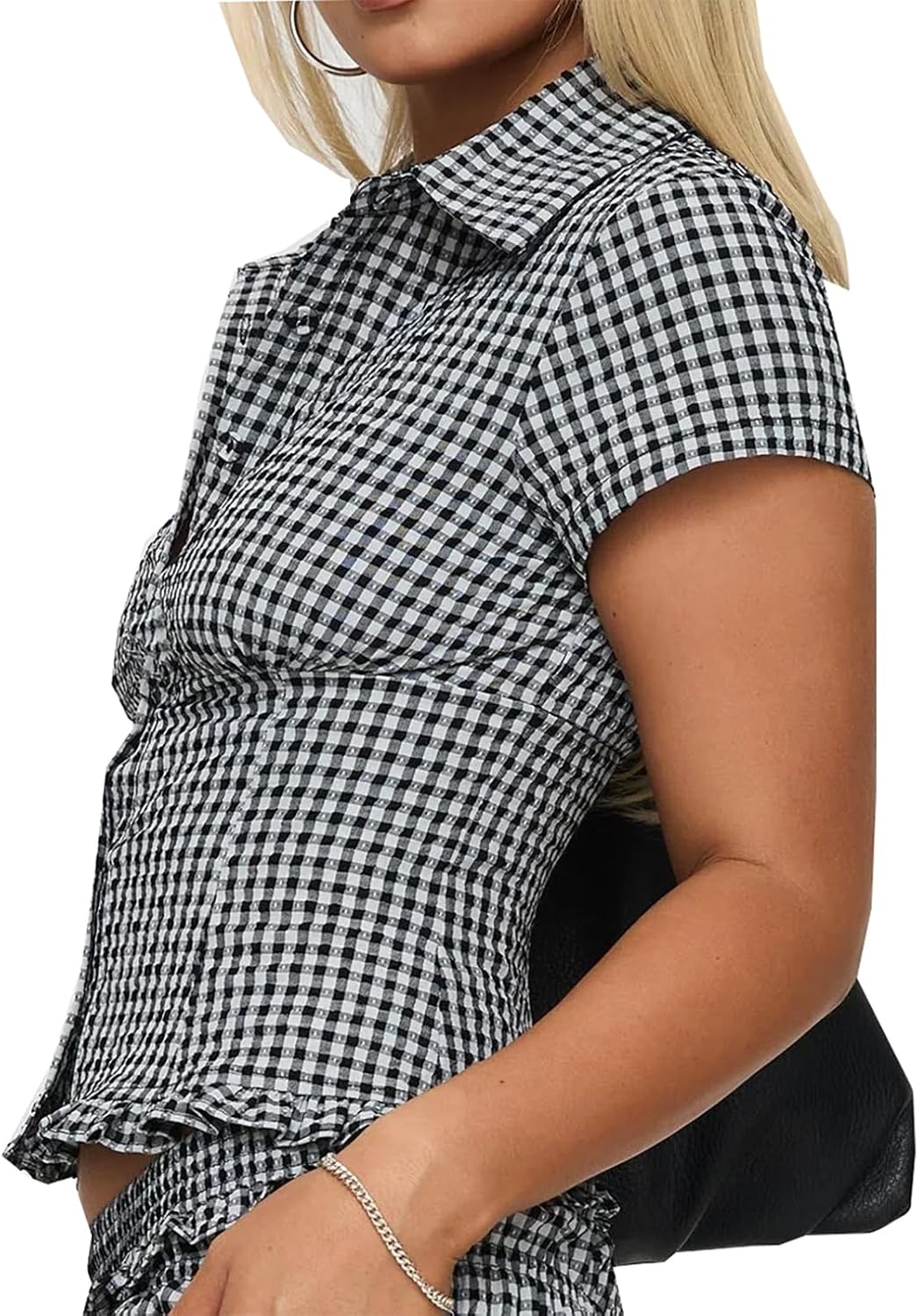 Womens Y2k Button Down Shirts V Neck Plaid Short Sleeve Blouse Ruffle Hem Slim Fit Crop Tops Babydoll Tees Streetwear - Image 3