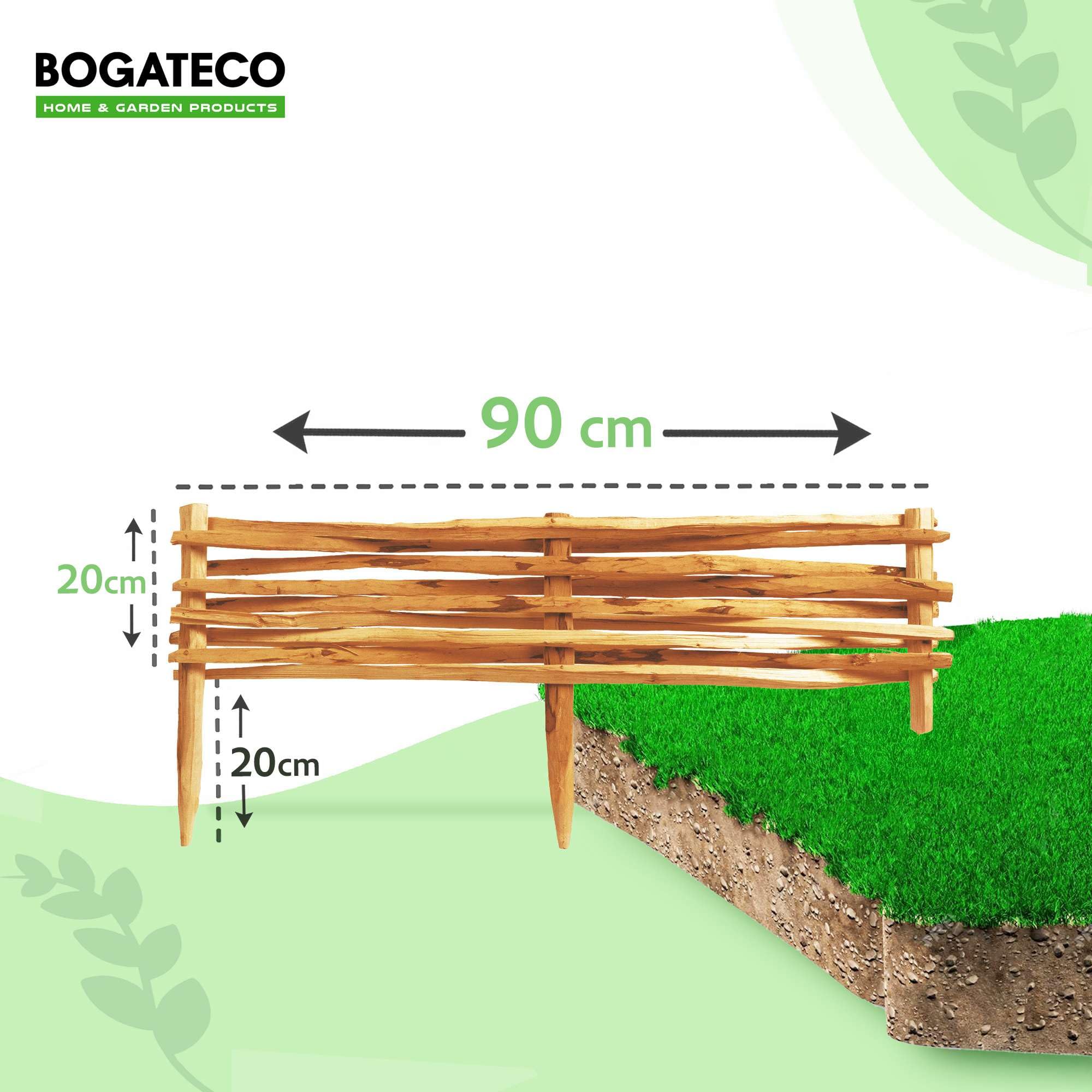 BOGATECO 3 vallas de jardín de madera de avellano, 90 cm x 20 cm, borde de césped, valla de madera, valla de estacas, valla de estacas, cercas para arriates, valla de inserción, perfecta como borde de