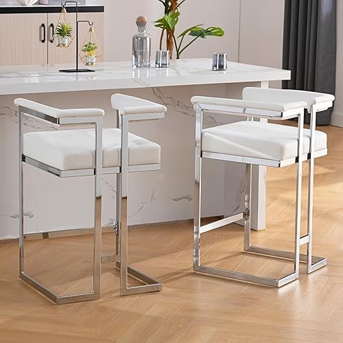 Miniatura 7 de HEAH-YO Juego de 2 taburetes de bar modernos de lino, taburetes de mostrador de 26 pulgadas con respaldo tapizado de barril con patas de metal