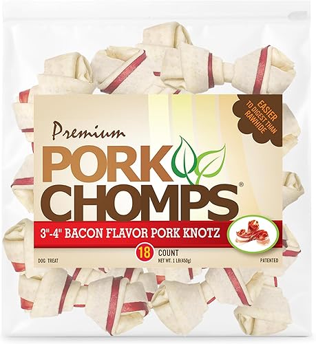 Pork Chomps Masticables para perros de piel de cerdo al horno, nudos de 3 pulgadas, con tira sabor a tocino, 18 unidades
