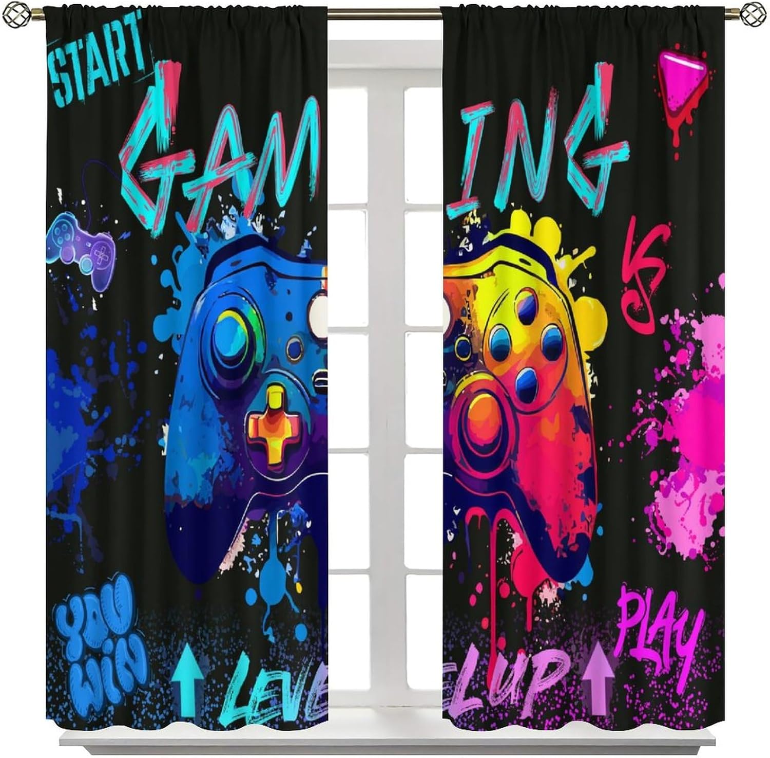 YCness Gaming Curtains for Boys Girls Teens, Graffiti Gamepad Colorful Game Controller Cool Window Treatment for Bedroom Living Room Playroom Game Drapes 2 Panel Sets,84x84 Inch Blackout