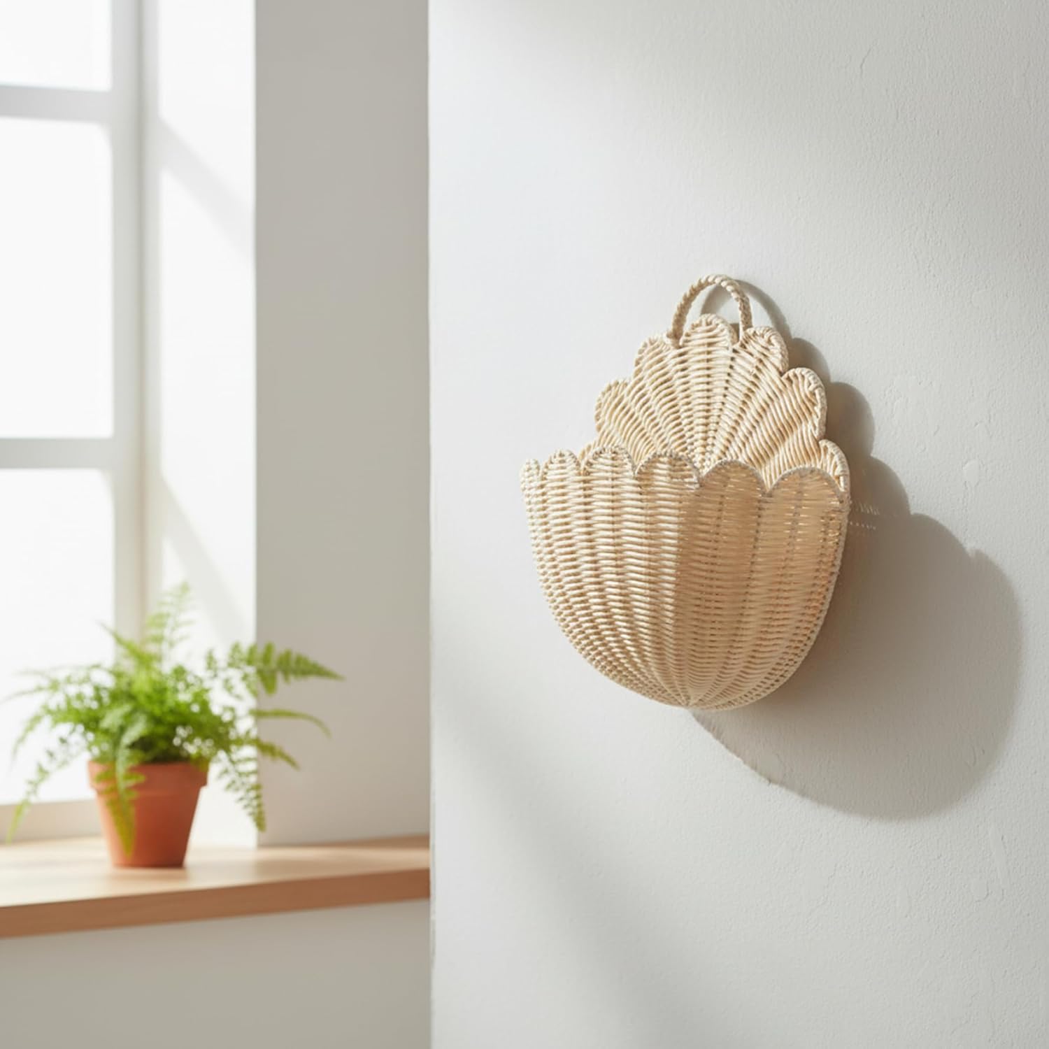 Scalloped Wall Basket, Plastic Wicker Hanging Storage Baskets for Bathroom Kitchen Living Room (M-15x9x6 inch)