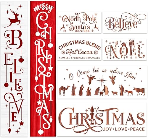 Plantillas navideñas para pintar en madera, porche, plantilla navideña grande Believe Xmas Holiday para felpudos, cristal de ventanas, telas,