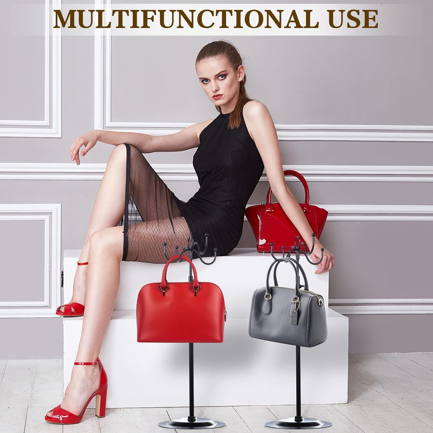 Menkxi 4 Pcs Metal Adjustable Height Purse Display Stands Handbag Jewelry Hat Hook Stands Holders Tree with 4 Hook for Closet Restaurant Boutique Store Tabletop Business Selling(Black) - Image 7