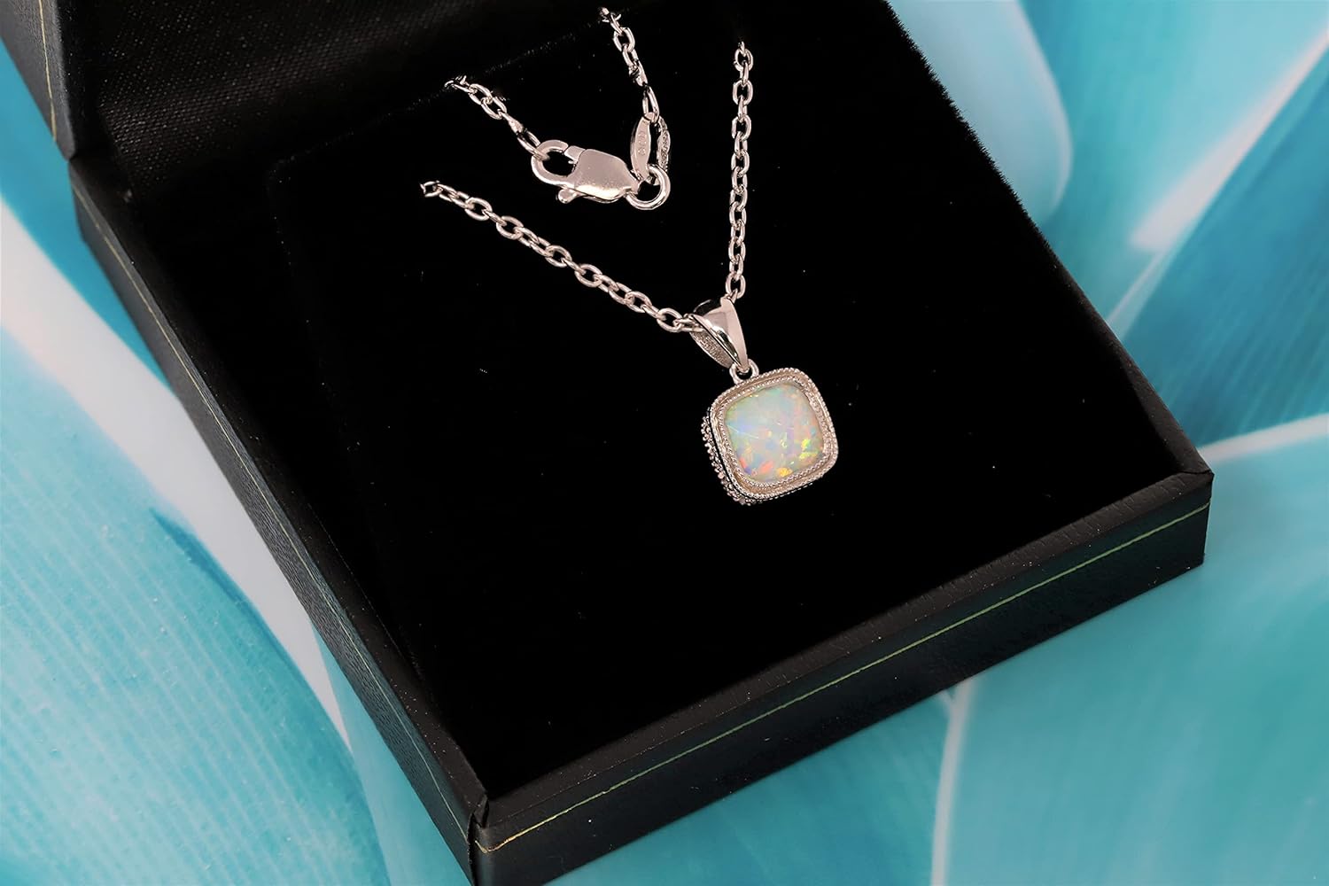 925 Sterling Silver Lab Created Opal Cushion Pendant Necklace