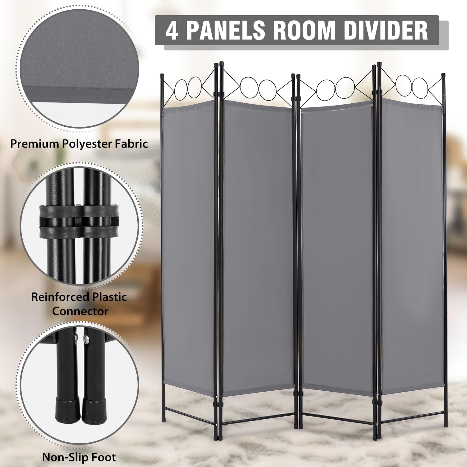4-Panel Screen - 6ft Tall, Steel Frame, Freestanding Privacy Partition ...