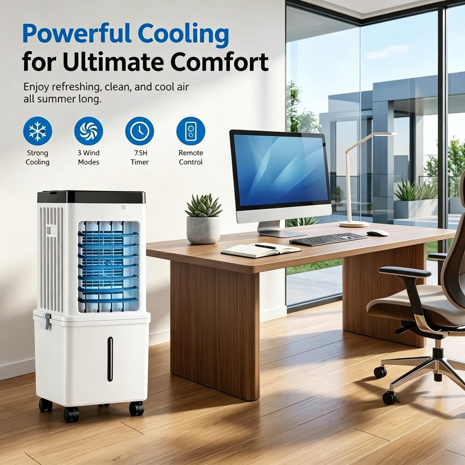 Condizionatore d'aria portatile, 4 in 1, con serbatoio dell'acqua da 15 litri, 3 velocità, timer 7,5 ore, telecomando, display a LED, ventola di raffreddamento per casa, ufficio, meccanico