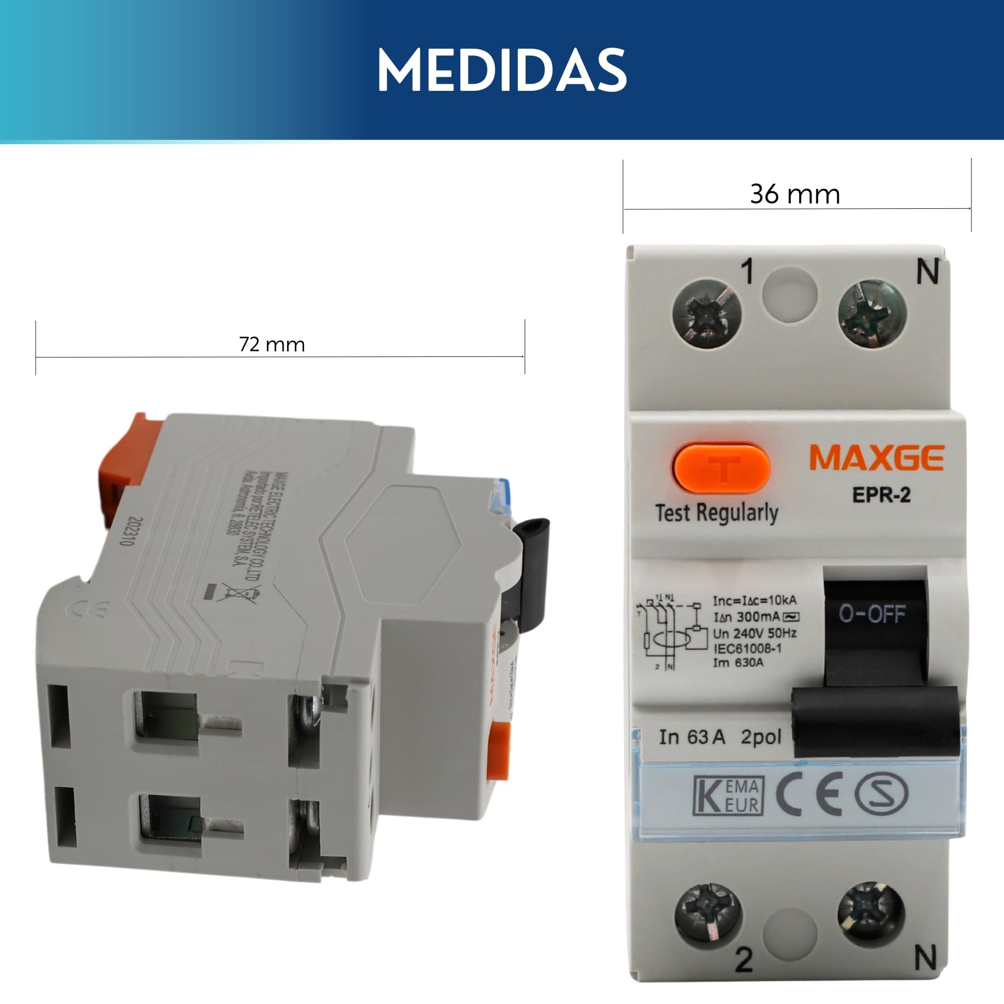TECHZOCO Interruptor diferencial industrial y terciario Clase AC, Tensión de empleo 415/240V AC, Normativa EN/IEC61008-1, Poder de corte 10000A, Clase AC Detecta corrientes de fuga alternas, 63A