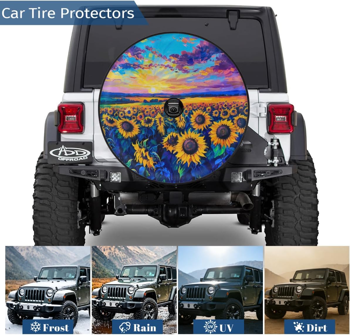 Spare Tire Cover with Backup Camera Hole - 17 Inch Sunflower Field Sunset Print Design for SUV, Trailers and RV