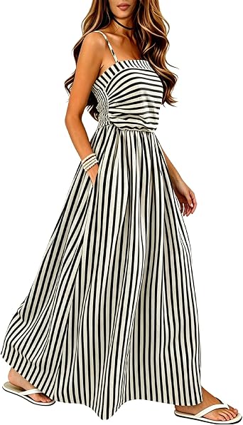 Womens Striped Maxi Dress Spaghetti Strap Back Smocked Flowy Swing Beach Sundress