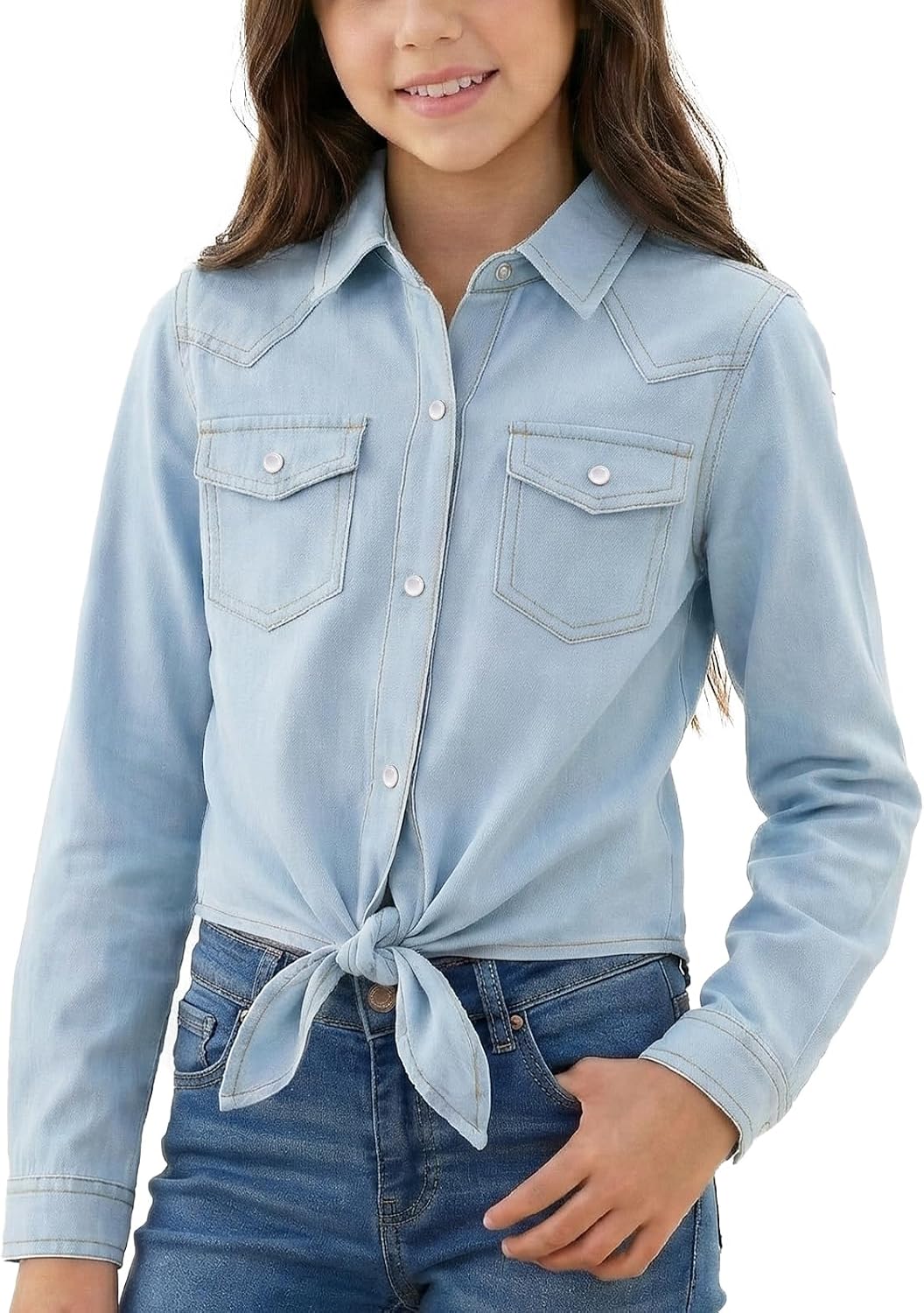 Spring&Gege Girls Denim Western Pearl Snap Shirt Cowgirl Tie Knot Crop Button Down Shirt Long Sleeve Wrinkle Free Blouse Top