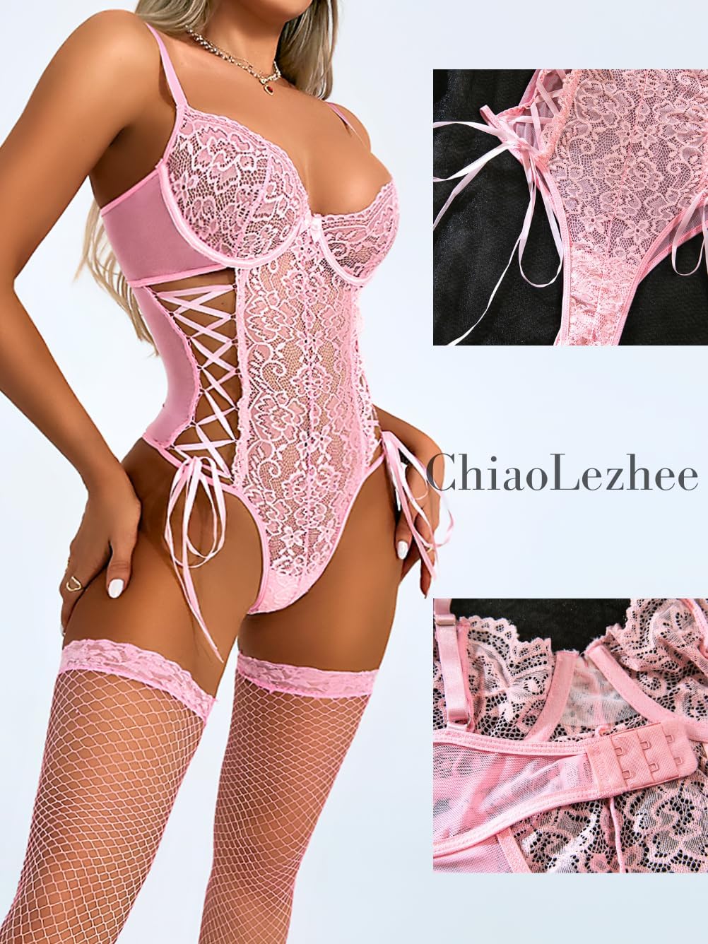 ChiaoLezhee Women's Lace Teddy Lingerie with Stockings, High Cut Thong Bodysuit, Strappy Criss-Cross 2 Piece Lingeries Set