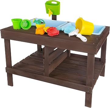 WONKAWOO Sand and Water Table for Toddlers | Outdoor Wooden Sensory Sand Table with 2 Plastic Bins, Built-in Water Tap and Beach Toys Included | Sand & Splash OasisTM Standing Play Activity Table