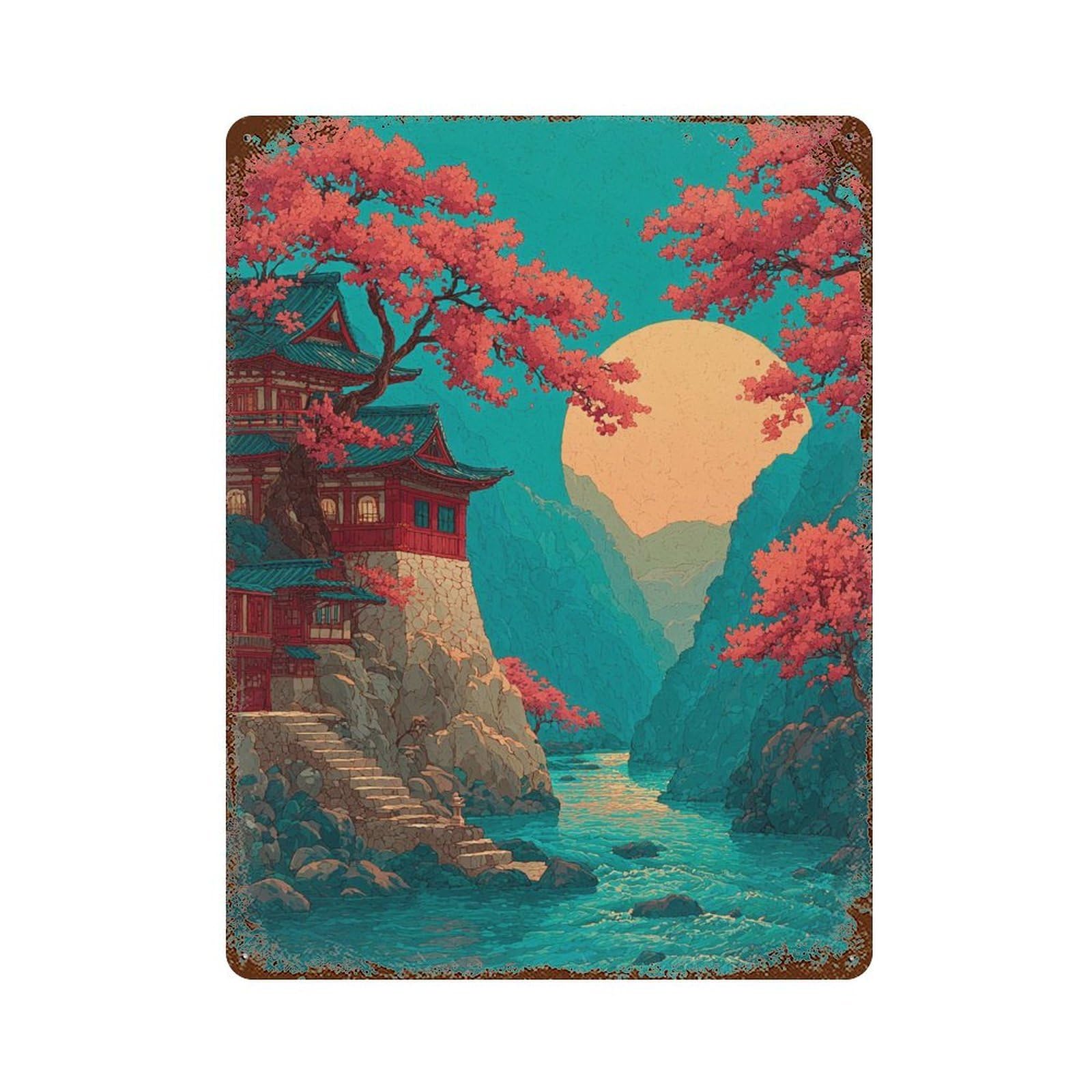 Japanese Temple with Cherry Blossoms 15.7"x11.8" Distressed Metal Wall Sign, Shabby Chic Decor for Shed, Workshop And Garage Wall Decor