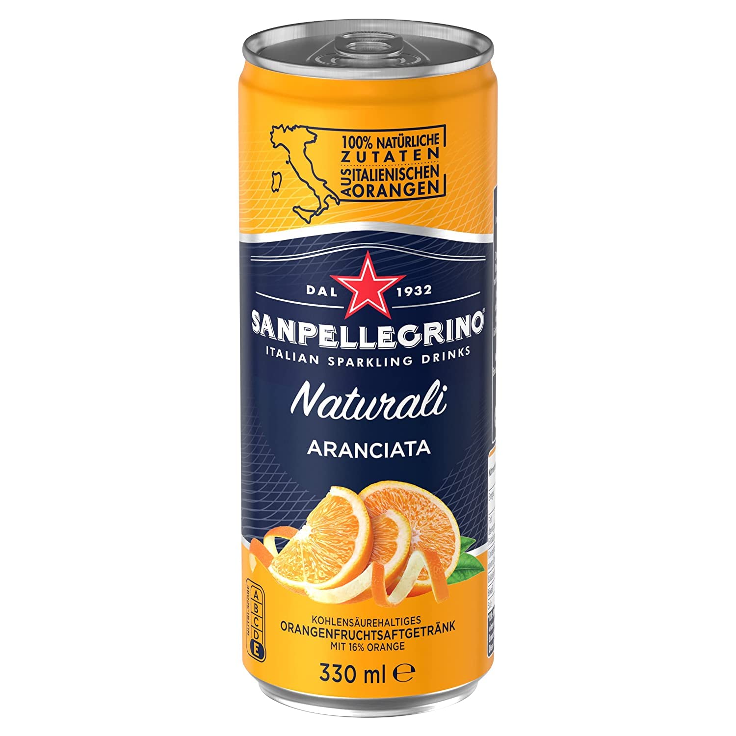 San Pellegrino | Orangen Limonade | Aranciata | Hoher Fruchtanteil 20% frisch gepresster Orangen | Leicht herbe Geschmacksnote | Ideal für unterwegs | 72er Pack (72 x 0,33l) Einweg Dosen