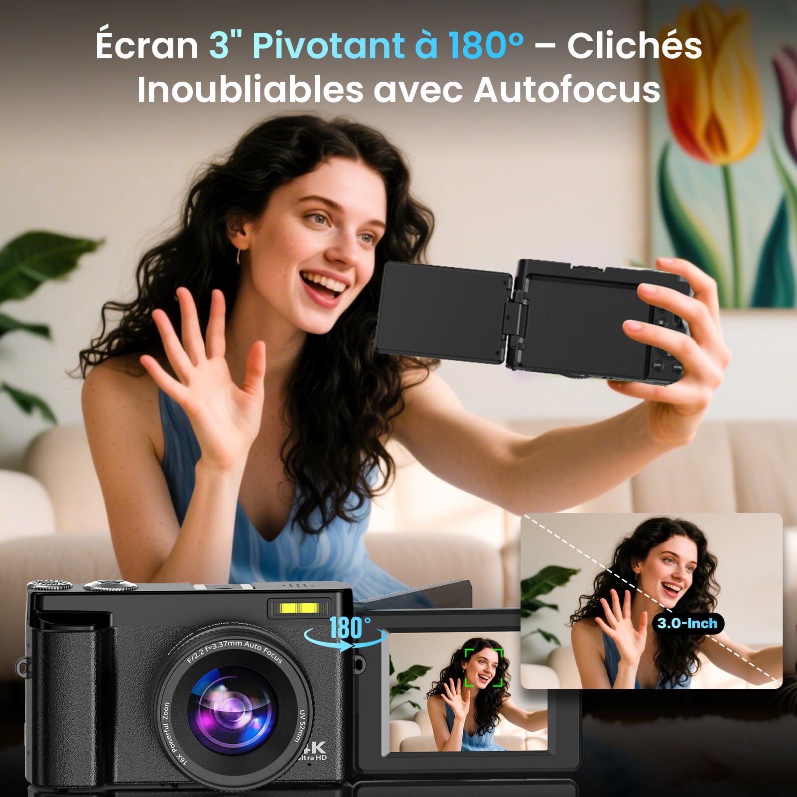 Digitalkamera 4K mit WiFi 64MP Kompakte Digitalkamera mit 3" 180° Flip-Bildschirm, 32GB Karte, 2 Akkus, 16X Digitalzoom, Autofokus, Anti-Shake, Ideal für Teens, Anfänger, Vlogging, Reisen