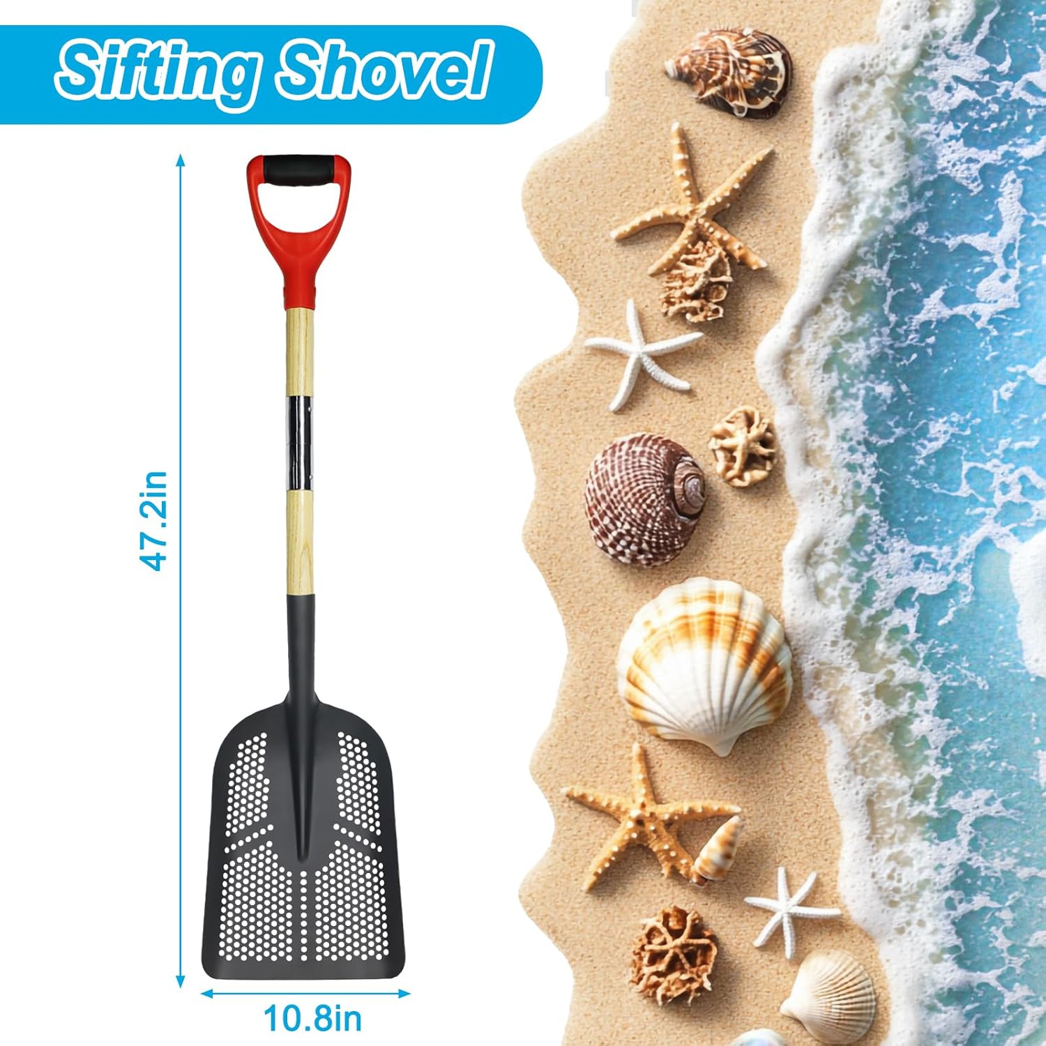 Sifting Shovel,47.2''Square Sand Beach Sifter with Dense Holes,Manganese Steel Sand Sifter for The Beach Shell,Sands Sifters Shovel for Sands Screening,Farm Feed,Chicken Coop Scoop and Shoveling Snow