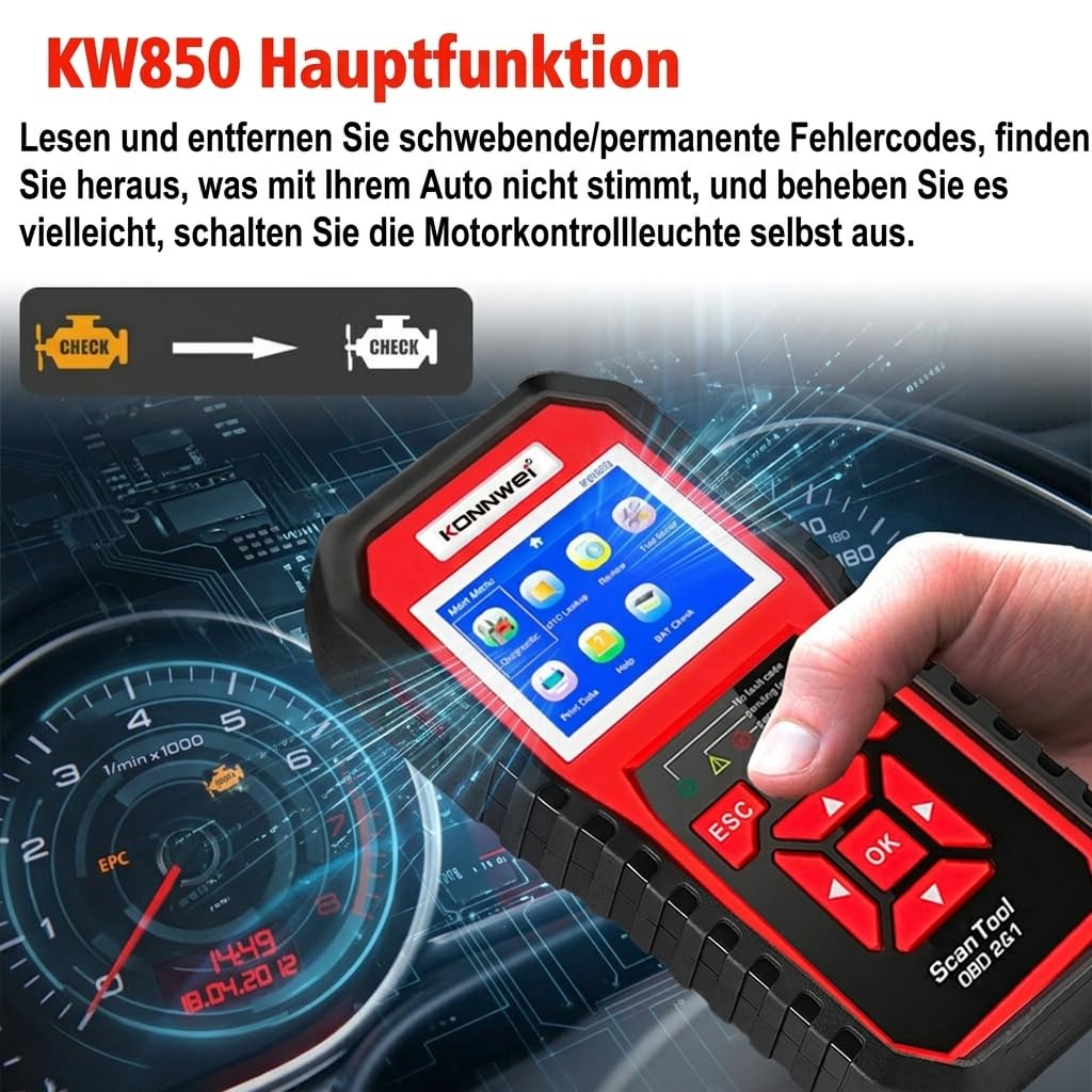 KONNWEI KW850 OBD2 Diagnosegerät mit Batterietest Diagnosegerät Auto | Auslesegerät Auto mit 2.8" Display, One Touch I/M Bereitschaftstaste, Kompatibel mit OBDII Fahrzeugen ab 2002,9 Sprachen