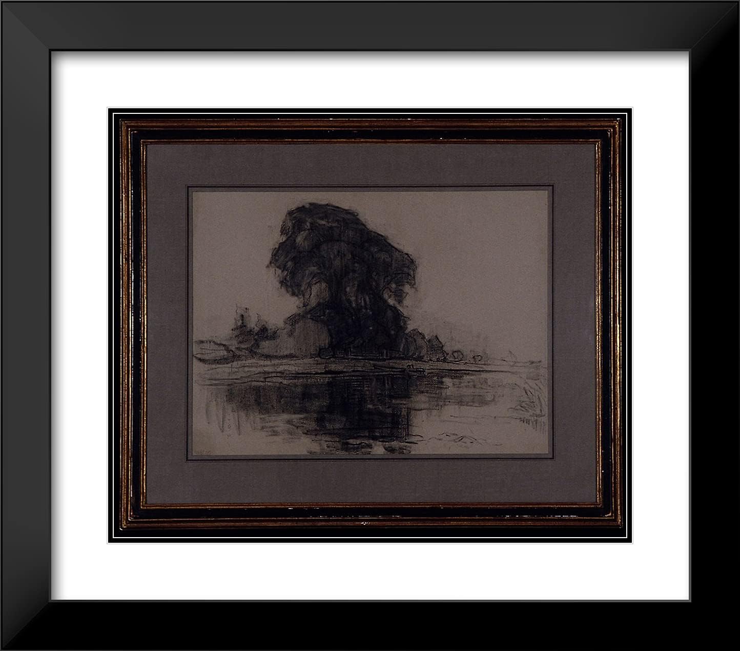 ArtDirect Piet Mondrian 23x20 Black Modern Framed and Double Matted Art Print Titled Landzicht Farm: Compositional Study