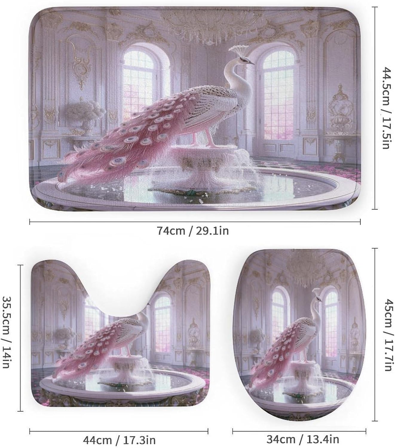 Brebasf Watercolor Pink Theme Peacock for Bathroom Shower Curtains Sets with Rugs 4Pcs Rustic Mid Century Castle Arch Feather Peacock Shower Curtains Sets (12Hooks)