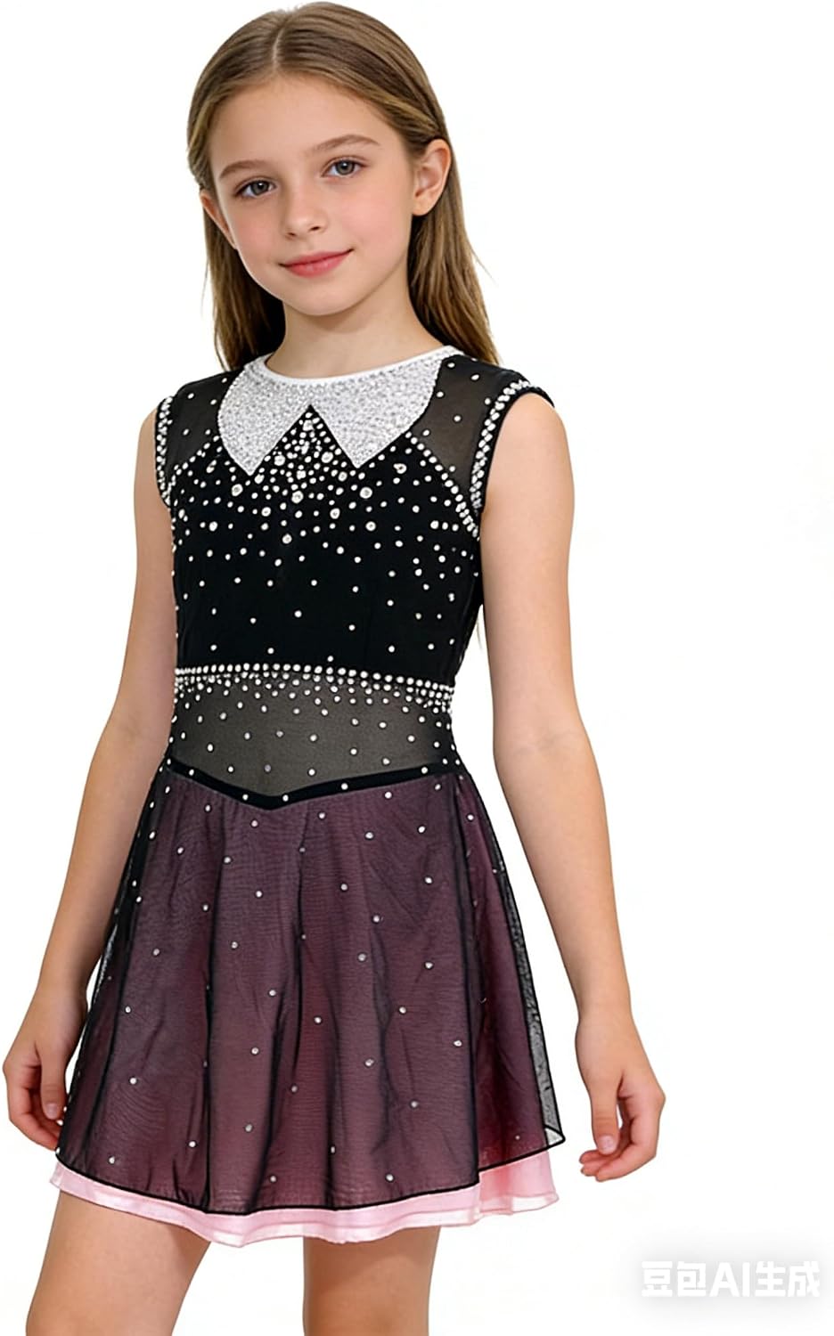 Girls' Black & Plum Figure Skating Dress with Peter Pan Collar, Sleeveless Competition Costume