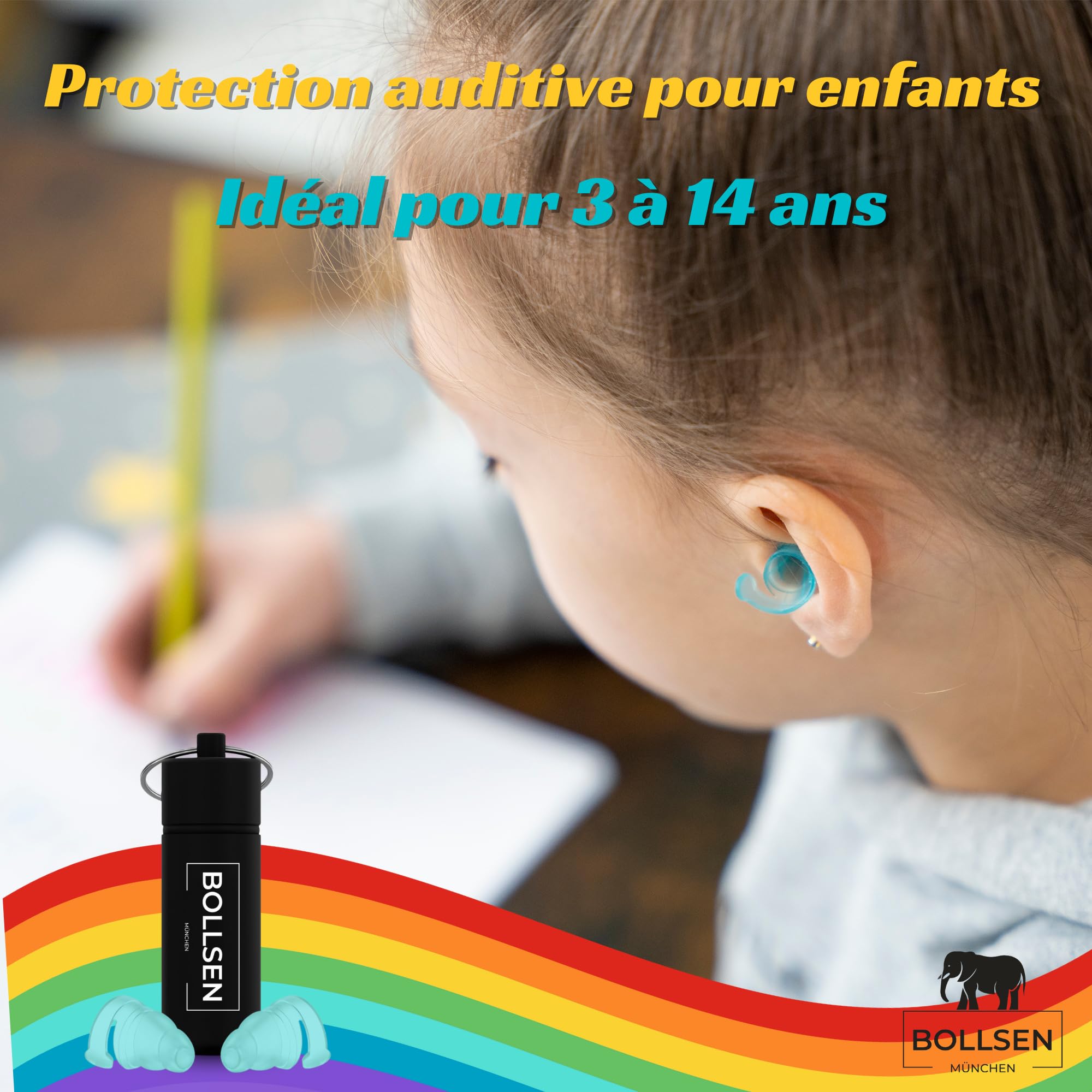 BOLLSEN Bouchons d’oreilles pour enfants – Réduction du bruit de 24 dB SNR, étanches pour la natation, le sommeil, les voyages et l’école – Réutilisables et confortables (2)