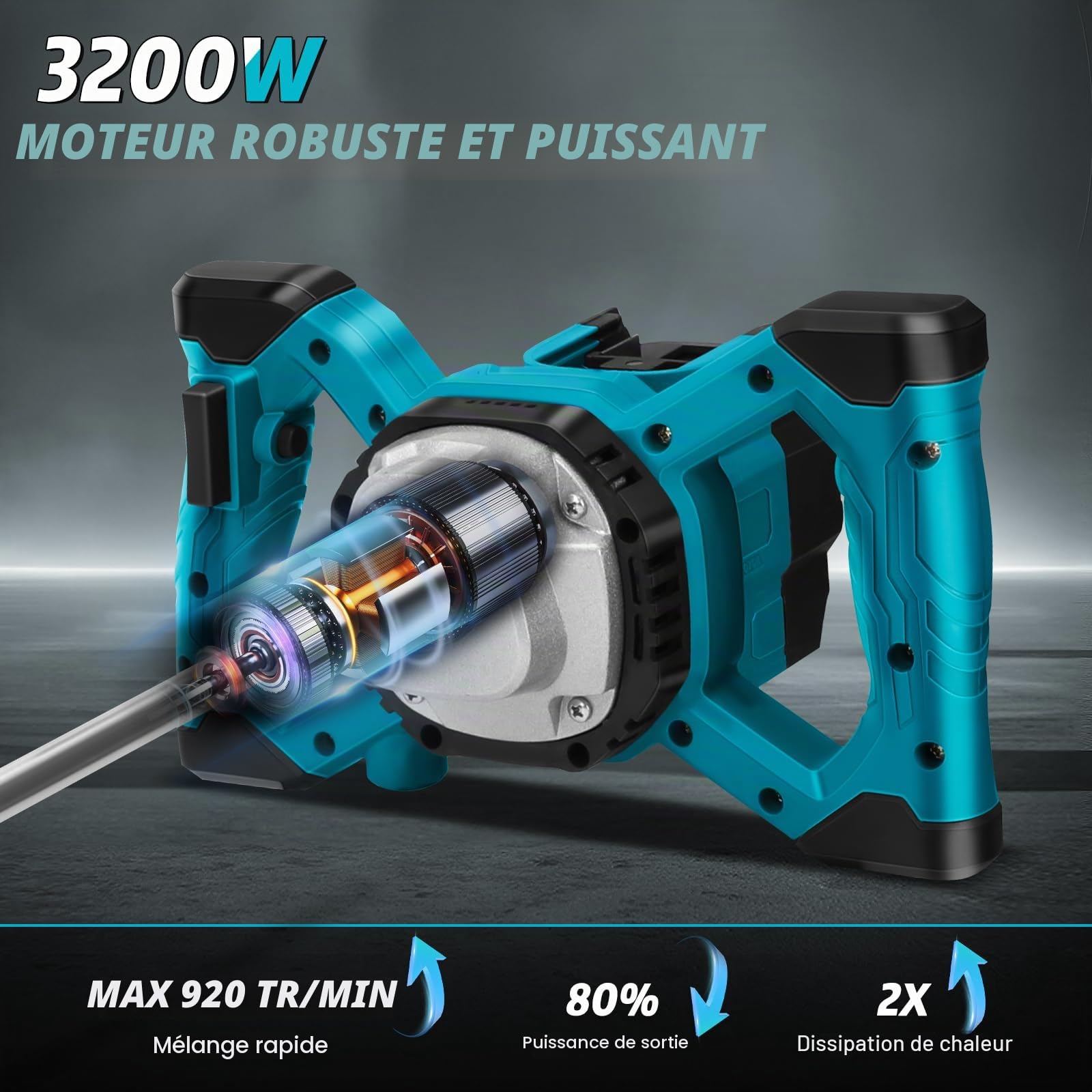 Malaxeur Mortier Compatible avec Batterie Makita, 3200 W batteur de mortier de couleur, max 680 tr/min, mélangeur électrique à palette avec 6 vitesses, 2 tiges mélangeurs (sans Batterie)