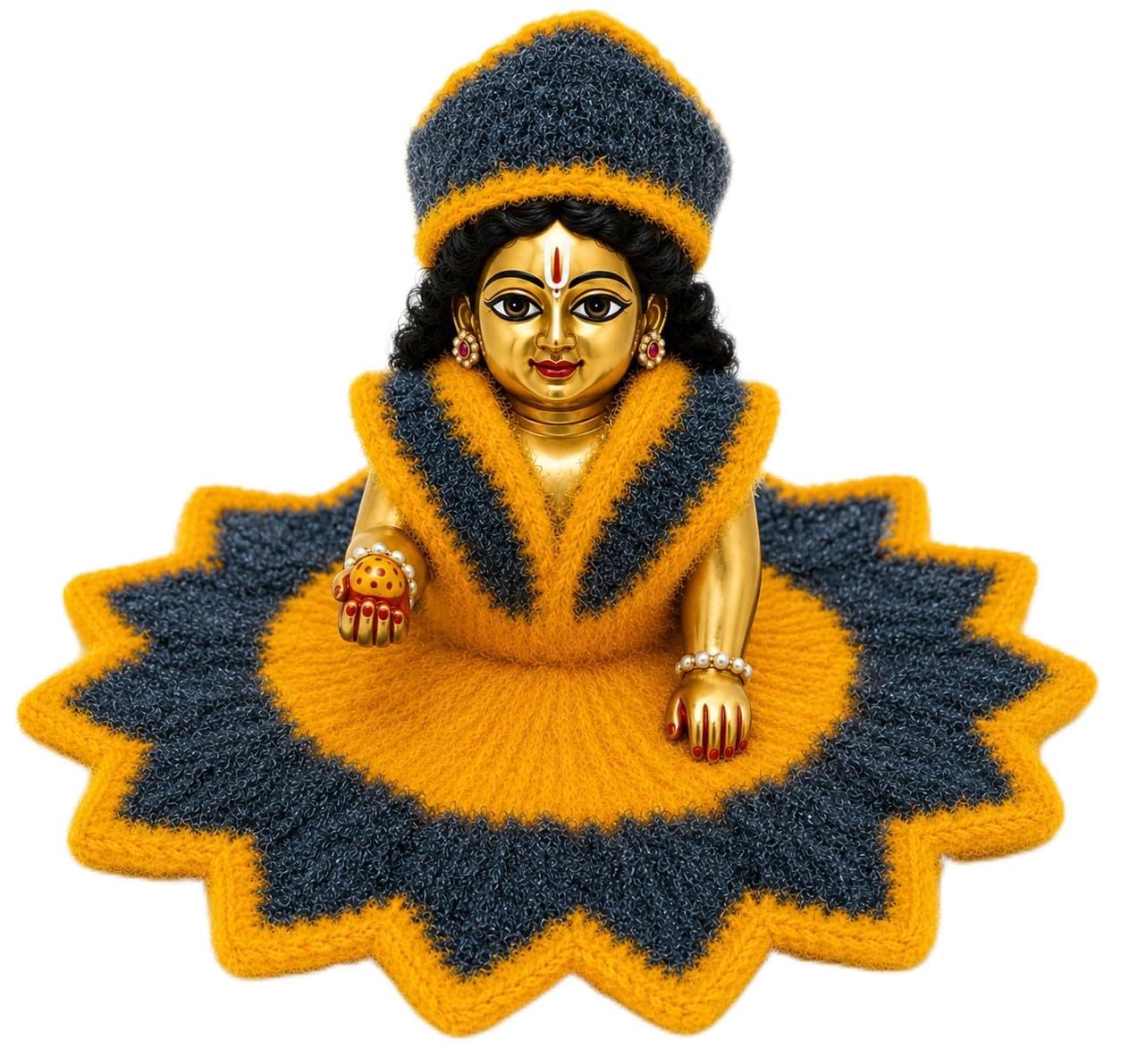 Laddu gopal/Kanha ji/Bal Gopal/Ladoo Gopal Winter Woolen Dress With Meching Cap Size 5 no, Yellow & Dark Grey Hand Knitted Dress.Crochet Set,-image-23