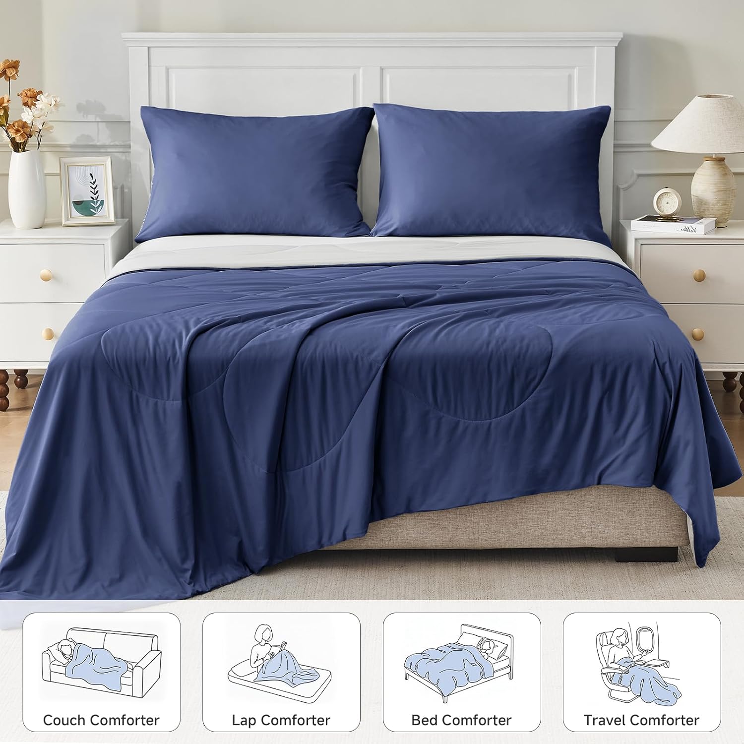 HOMFINE Cooling Comforter for Hot Sleepers - Both Sides Q-Max>0.45 Arc-Chill Cooling Fiber for All-Season, Breathable Soft Keep Cool Summer Blanket for Bed Couch Sofa, Dark Blue, Twin