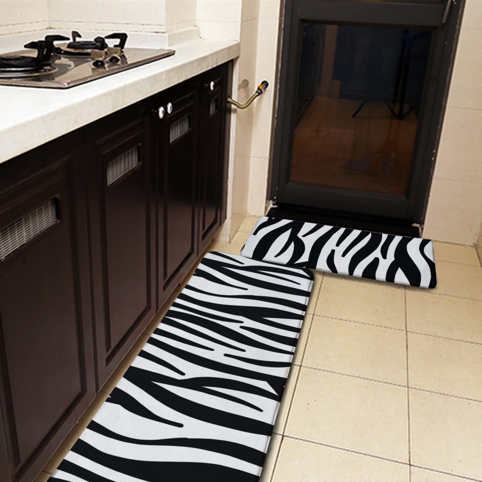 YouTary Zebra Print Kitchen Rug Set 2 PCS Floor Mats Washable Non-Slip Soft Flannel Runner Rug Doormat Carpet for Kitchen Bathroom Laundry