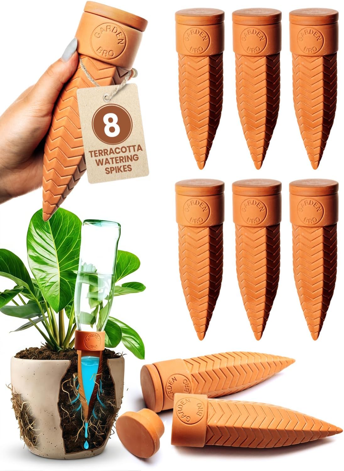 4pc Olla Watering Spikes For Plant Watering With Lids - Automatic Terracotta Self Watering Spikes For Indoor Plants & Outdoor - Terracotta Watering Spikes For 8" Pots Or Larger Water Plants While Away