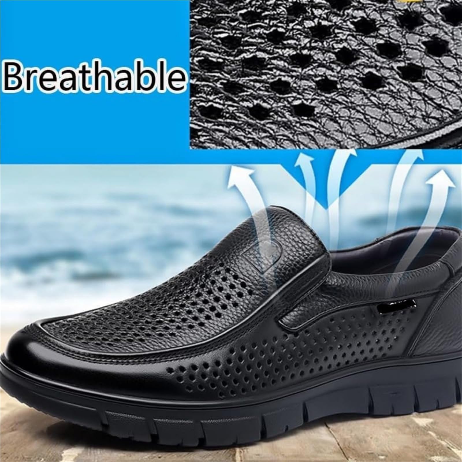 Herren Lederschuhe mit Belüftungslöchern, Atmungsaktive Business Loafers | Bequeme Sandalen mit Weichbett-Sohle Ideal für Senioren & Berufstätige Elegante Sommer-Schuhe
