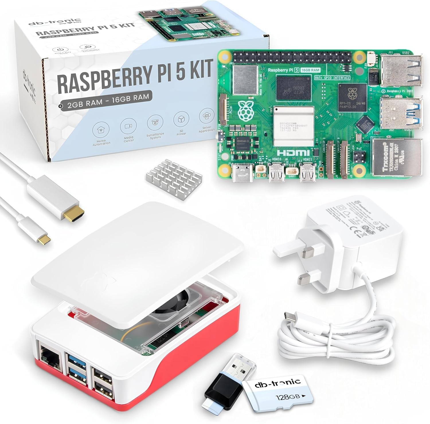 Raspberry Pi 5 8GB Starter Kit | 128GB Edition | Official 27W Power Supply | Official Case with Fan | 4K Micro HDMI Cable 1m | Aluminum Heatsink