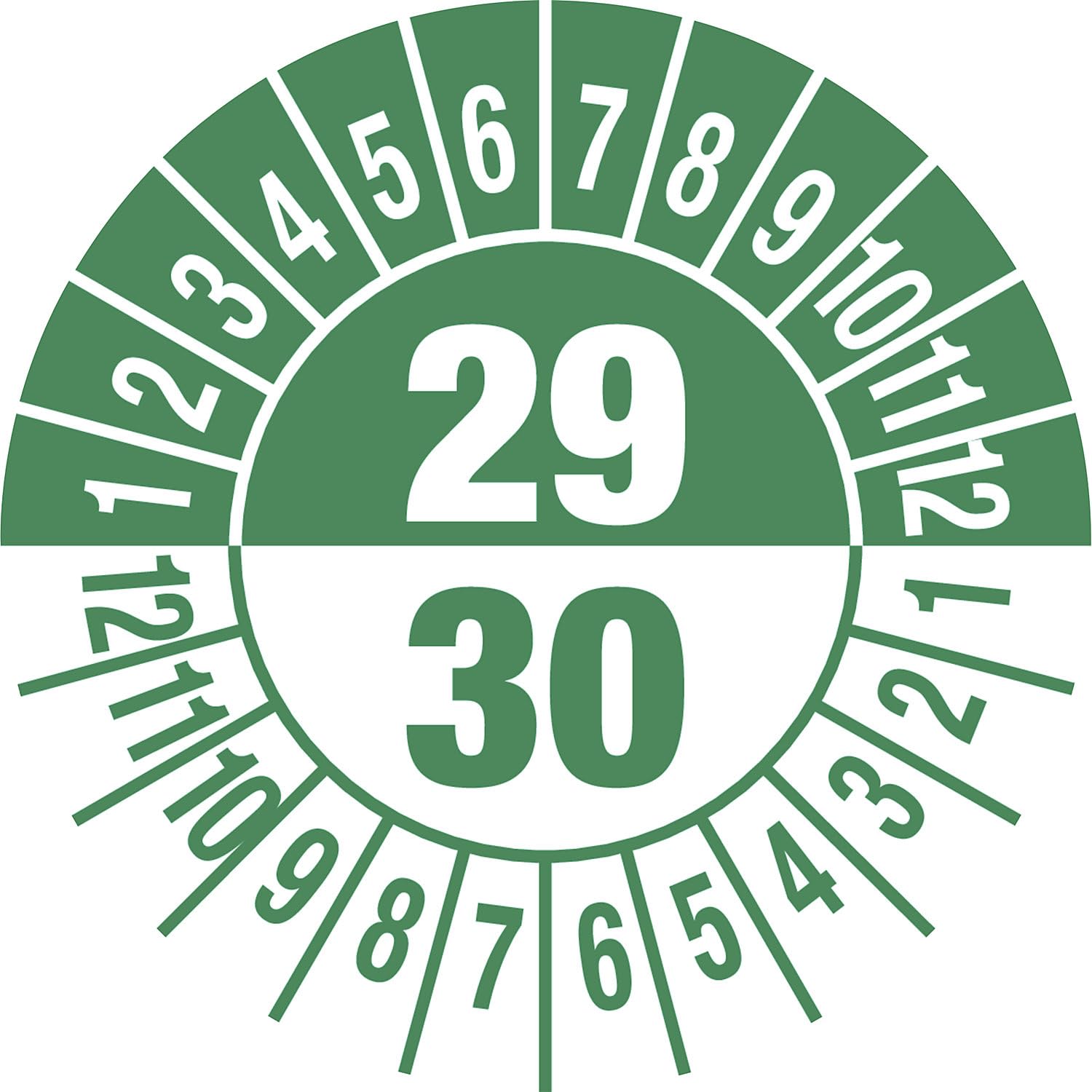 kaiserkraft | Prüfplakette | Mehrjahreszahlen, Dokumentenfolie, Ø 30 mm, VE 10 Stk, 29/30, grün