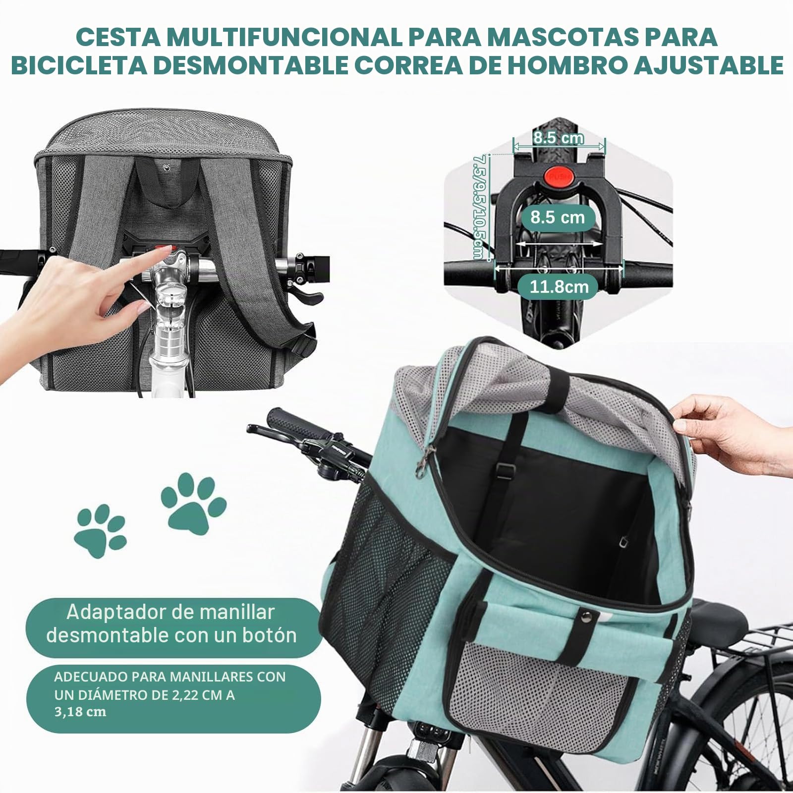 Cesta de bicicleta para mascotas con adaptador de manillar, cesta frontal de bicicleta, cesta frontal plegable multiusos para manubrio desmontable, bolsa de mochila para gato y perro con correa para