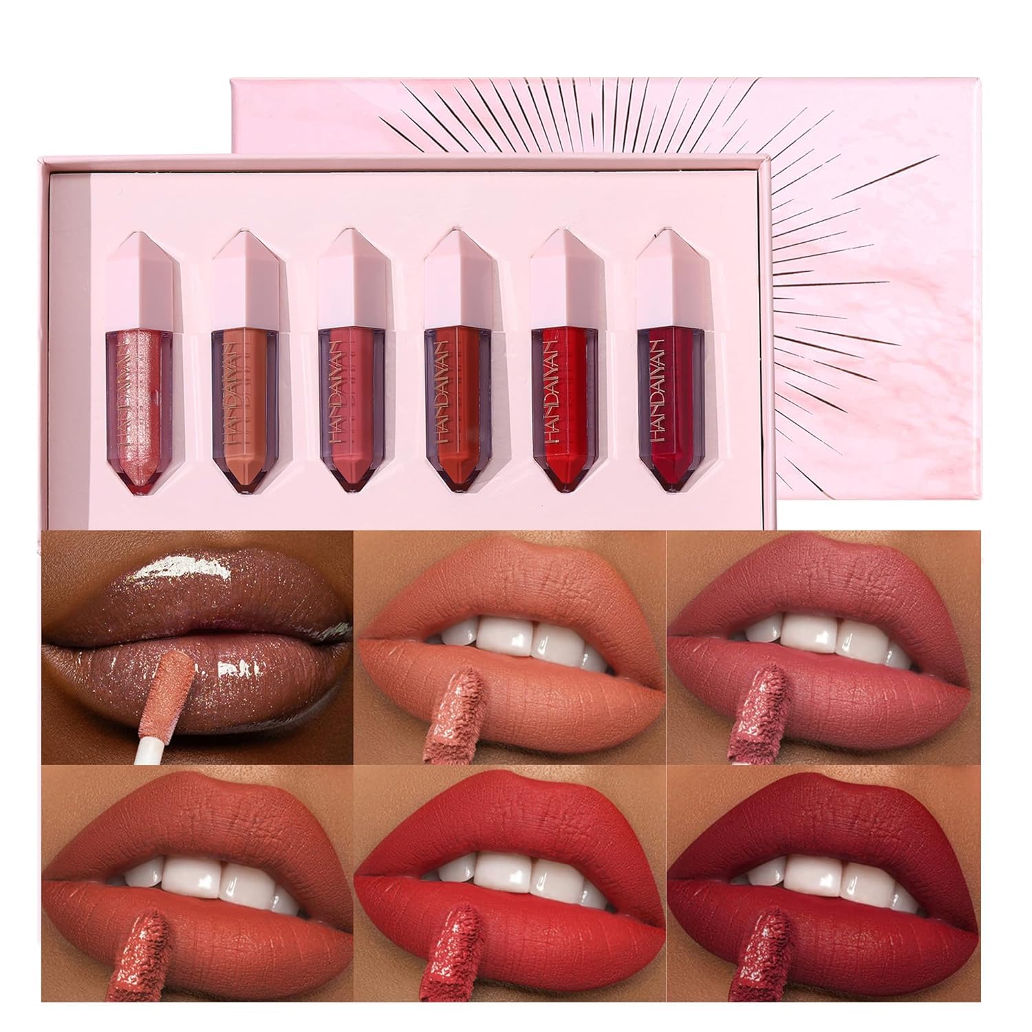 6 Pieces Diamond Lip Gloss Set Matte & Pearlescent Finish Long Lasting Waterproof Liquid Lipstick Set High Pigment Formula Liquid Lipstick for Girls and Women Diamond Lip Gloss SetB