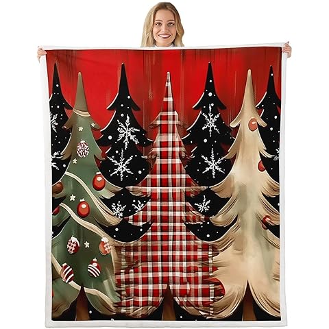 Erosebridal Christmas Tree Sherpa Blanket Twin Size, Xmas Holiday Decoration Fleece Blanket for Kids Boys Girls Teen Bedroom, New Year Snowflakes Throw Blanket Geometric Grid Plaid Fuzzy Blanket