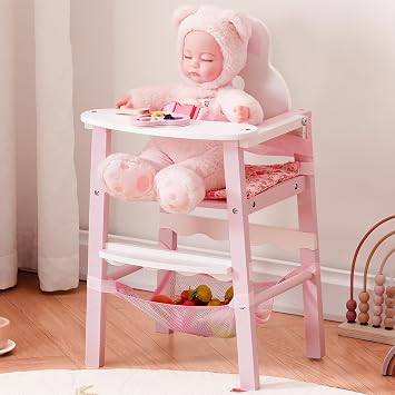 ROBOTIME Wooden Baby Doll High Chair Pretend High Chair Toys for 18" Dolls Doll Feeding Chair Toy with Tray Baby Doll Furniture for Girls Ages 3+