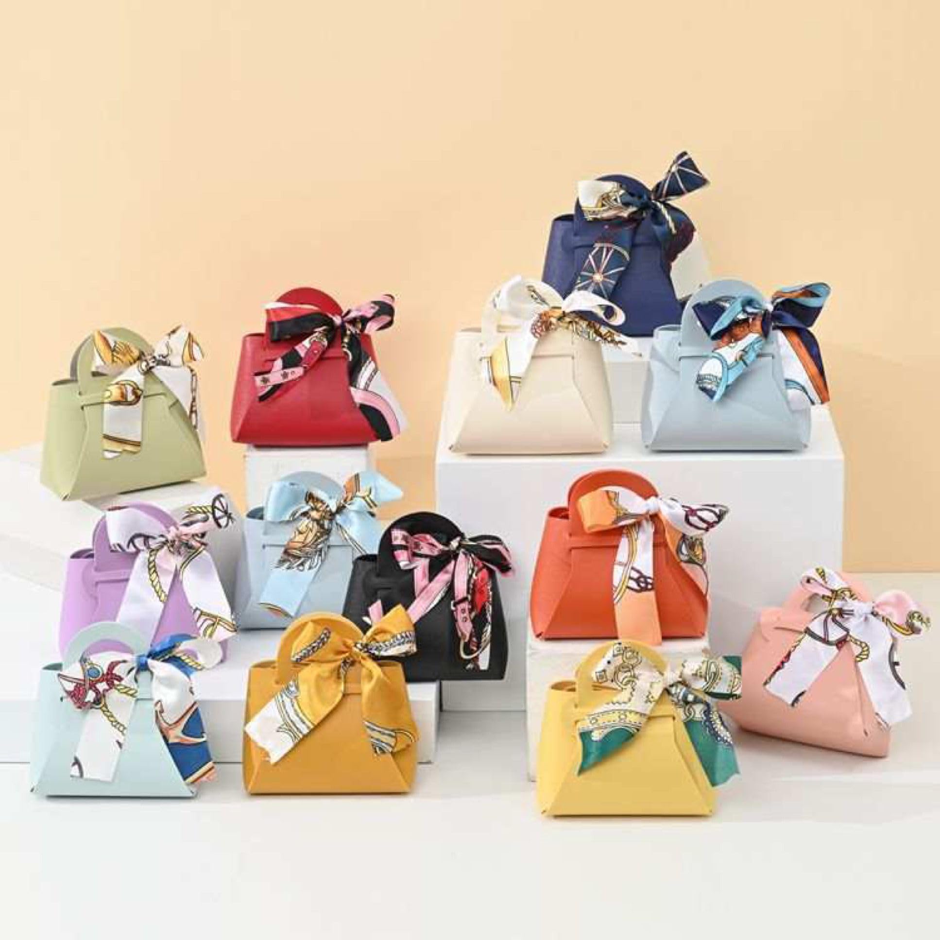 AMAR 12 x Luxury PU Leather Gift Bags with Bow Ribbons, Multicoloured, for Weddings, Birthdays, Special Occasions, 5.5cm x 13cm x 13cm