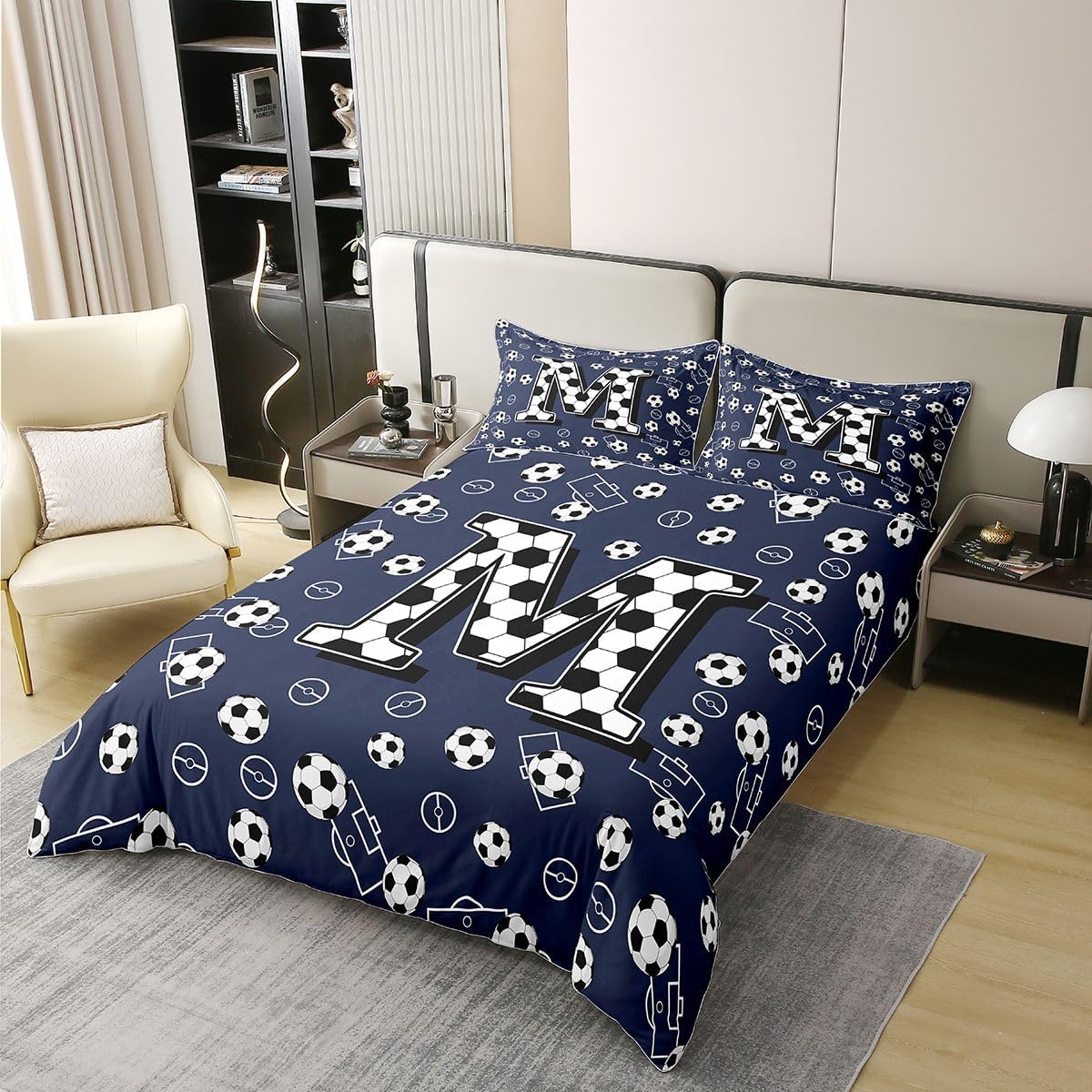 Alphabet Letter Soccer Bedding Set Twin Modern Football Personalized Initial M 100% Cotton Duvet Cover Ball Sport Gaming Room Decorative Comforter Cover Monogrammed Soccer Court Bed Set 2 Pcs