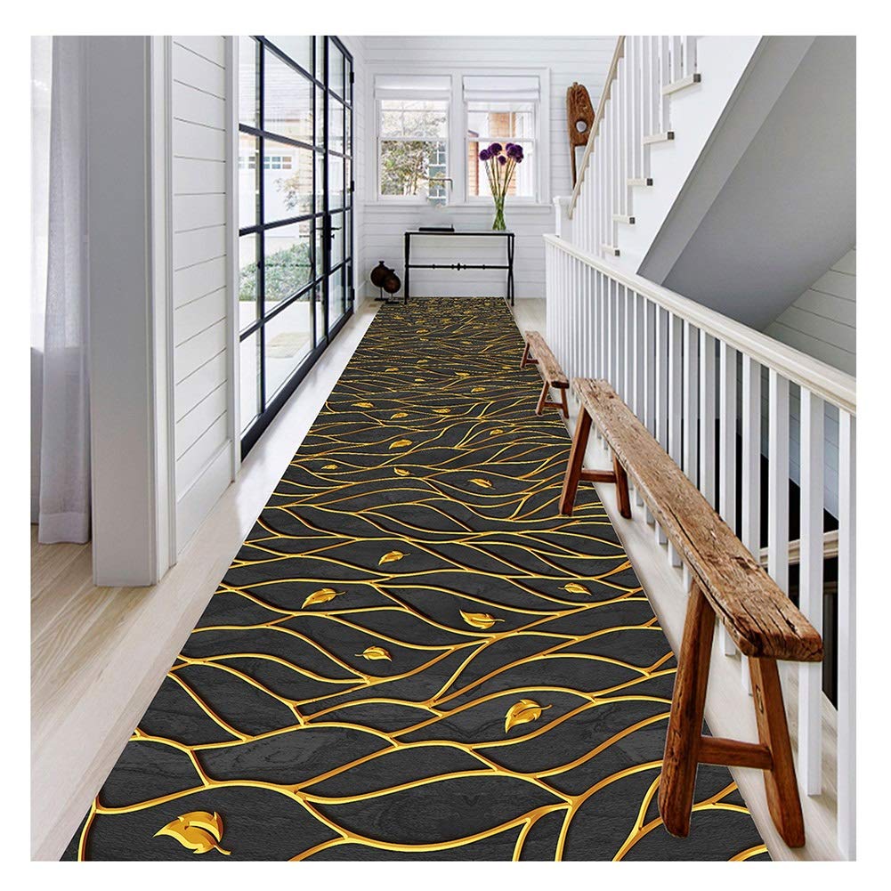 Tapis de couloir moderne motif feuille d'or antidérapant pour entrée et chambre