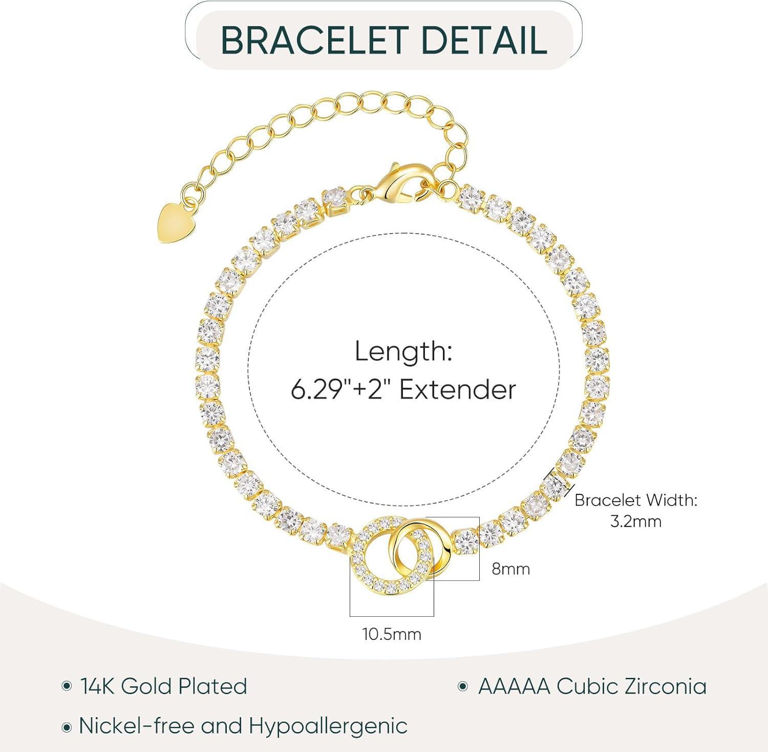 Interlocking Circles Tennis Bracelet for Women - 14K Gold Plated Cubic Zirconia Link Bracelet, Adjustable Dainty Minimalist Chain Design, Trendy Anniversary Birthday Christmas Jewelry Gift for Her - Image 4