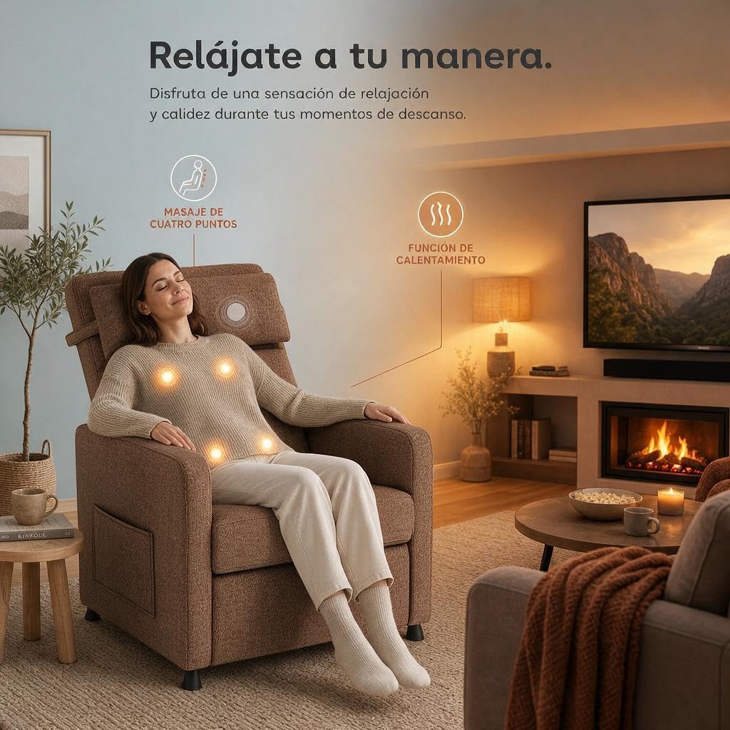 GarveeLife Sillón Relax eléctrico Masaje Calor Lino, 83x76x102 cm, Marrón | 4 puntos de masaje, calor lumbar, reclinación eléctrica 150°, mando con memoria, tejido lino y estructura de hierro en casa.