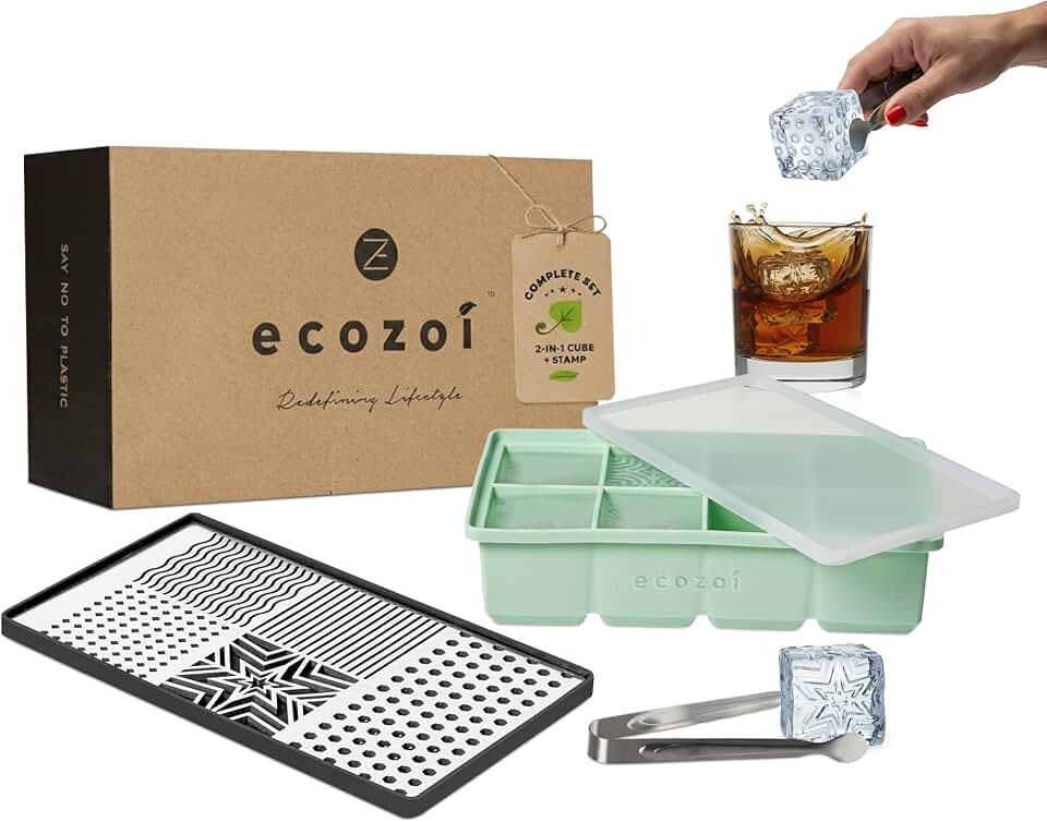 Stainless Steel Ice Cube Stamp Tray, Silicone Tray & Tongs Set