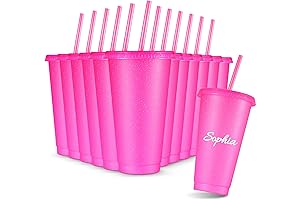 Reusable Glitter Cups 12 Pcs with Lids and Straws 24 oz Pink