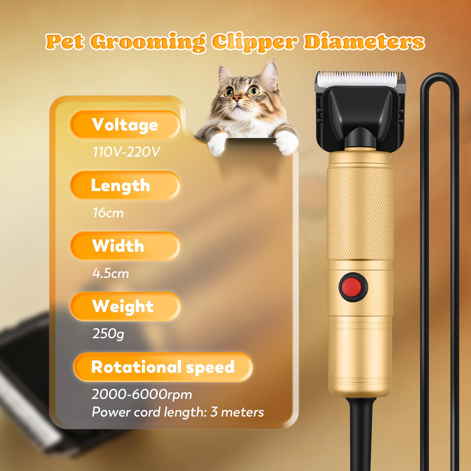 Moongiantgo Tondeuse pour Chien Professionnelle 300W, Vitesse Réglable 2000-6000RPM, Lames Céramique Amovibles, Tondeuse Animaux avec 1 Lame Supplémentaire & 2 Peignes (Doré)